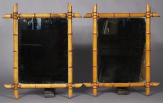 A pair of early 20th century French faux bamboo-frame wall mirrors, each inset plain mirror plate,
