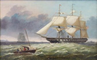 ENGLISH SCHOOL, 19th century. An armed merchant ship & other vessels off the coast. Oil on canvas: