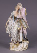 A 19th century Meissen porcelain group of standing male & female figures in 18th century costume,