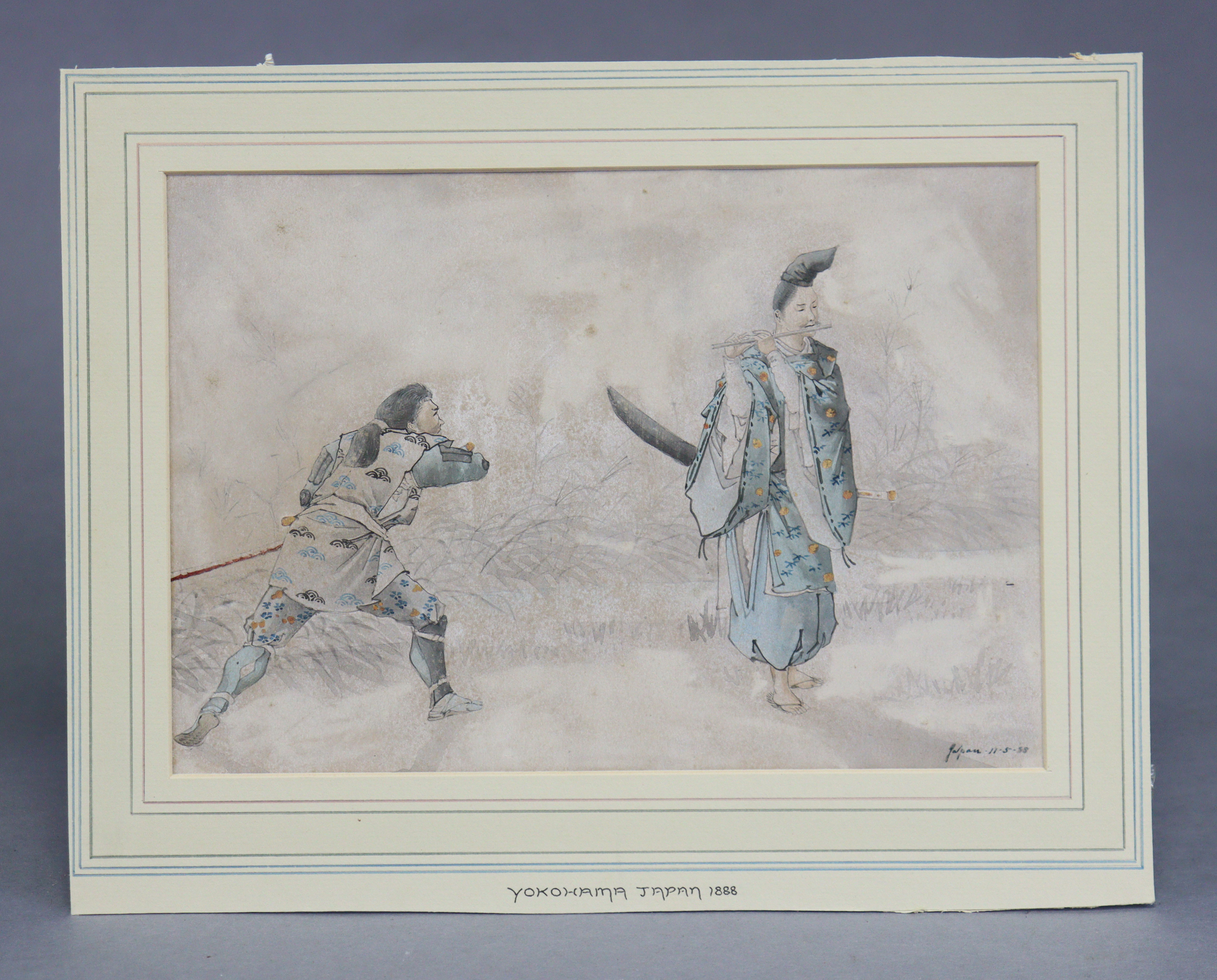 Manner of JOHN VARLEY, Jnr, a study of two Samurai, pen & watercolour heightened with gilt, - Image 2 of 8