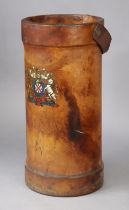 A Victorian-style leather covered ‘powder keg’ stick-stand with transfer-printed coat-of-arms &