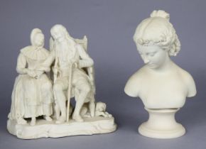 A 19th century Copeland bust of Flora, on round socle, 28.5cm high, together with a Parian group “