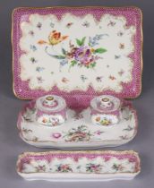 A Dresden porcelain (Richard Klemm/Donath & Co) rectangular desk inkstand with two squat round