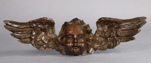 A Victorian carved limewood wall applique of a winged cherub, 42cm wide.