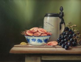 RAYMOND CAMPBELL (b. 1956) A still life titled “Seafood and Black grapes”; signed, oil on panel;