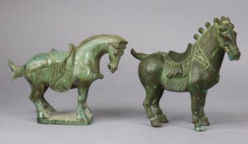 Two 20th century Chinese models of standing horses, one in bronze, 21cm high, the other in