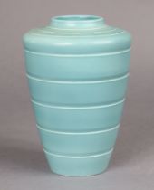 Keith Murray for Wedgwood, a light-blue glazed shoulder vase with ribbed decoration, printed mark “