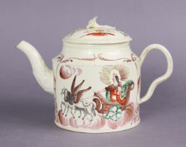 An 18th century Leeds creamware cylindrical teapot painted with Aurora in her chariot heralding