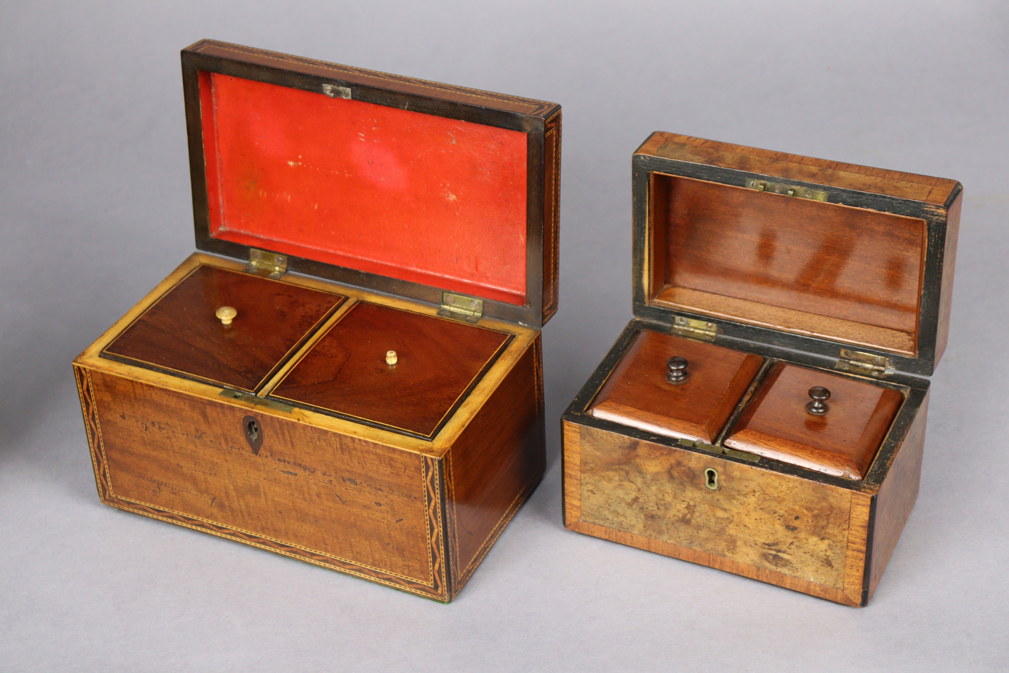 An early 19th century inlaid-mahogany two-division tea caddy, 23cm wide x 12.7cm high x 12.7cm deep; - Image 3 of 7