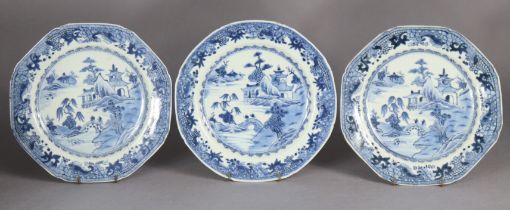A group of three 18th century Chinese blue & white export porcelain octagonal plates, each painted