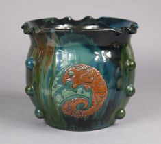 A late 19th century Elton pottery relief-moulded jardiniere, with marbled sea-green impasto glaze &