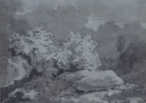 ENGLISH SCHOOL, 18th century. A monochrome watercolour rural landscape with bushes to the fore, 22cm