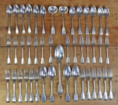 A matched service of silver fiddle pattern flatware, mostly Victorian & late Georgian, comprising: