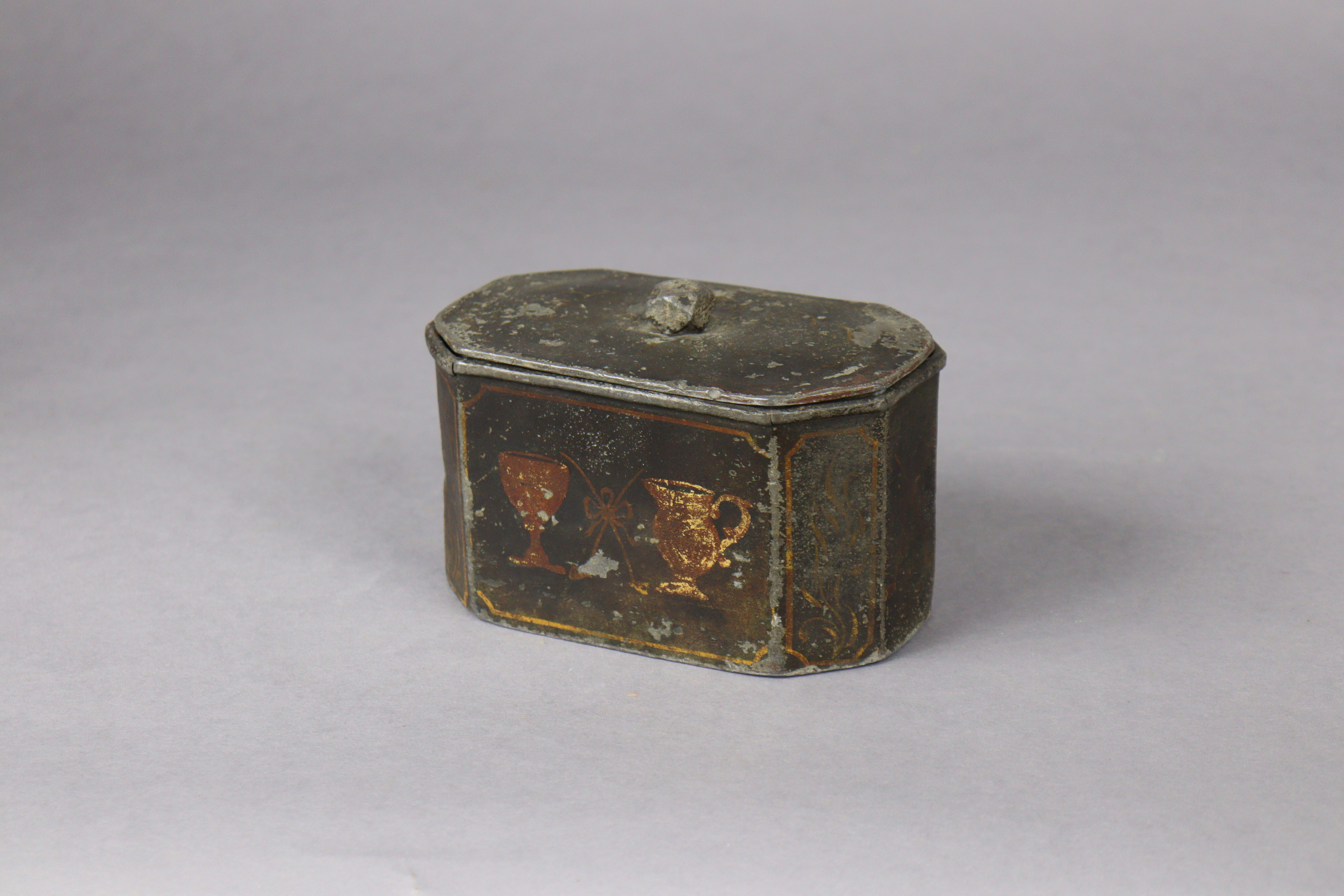 A George III lead tobacco box & cover with painted decoration, 16cm wide. - Image 2 of 3