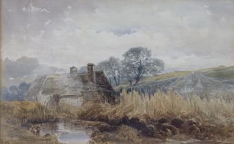 JOHN KEELEY (1849-1930) A rural landscape with farm buildings & stream to the fore. Signed &