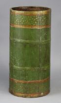 A green painted & metal-bound coopered hardwood cylindrical stick-stand, 50.5cm high.