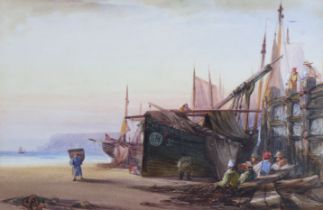 WILLIAM JAMES CALLCOTT (fl.1843-1896) Beached fishing vessels & figures at Scarborough, watercolour:
