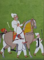 A mid/late 19th century Indian gouache painting of an equestrian figure scene, 30cm x 22cm, framed &