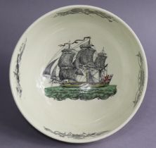 A late 18th/early 19th century English creamware punch bowl, the exterior with black printed