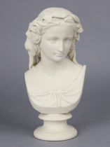 A 19th century Copeland bust of Miranda, modelled by W.C. Marshall, on round socle, impressed to