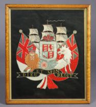 A late 19th century silk-embroidered British Royal Navy crest, with heavy bullion-stitch