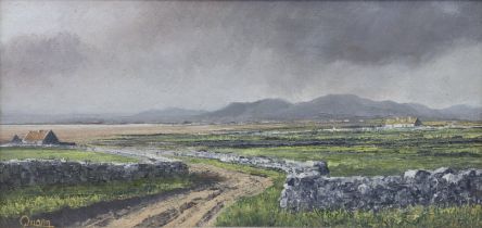 DEREK QUANN (Irish, 20th century) “Twelve Bens from Ballyconneely, Co. Galway”; oil on board;