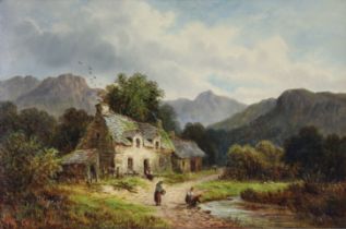 WALTER ELLIS (1849-1918). A mountainous landscape with stone cottages & figures, a brook to the