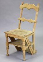 A late Victorian light-oak metamorphic folding library step chair, with shaped ladder-back and