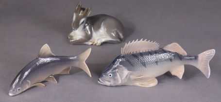 A Royal Copenhagen porcelain model of a Perch (1138), 19cm long; another of a Roach (2675), 14cm; &