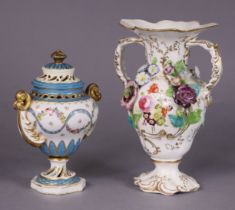 A Coalbrookdale-type porcelain two-handled vase with floral encrusted & painted decoration; 22.5cm