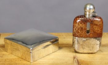 A silver-mounted & part leather-covered glass pocket spirit flask with removable cup base & hinged