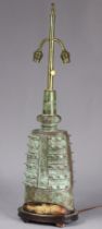 A 20th century Chinese bronze table lamp of archaic form, with adjustable brass twin-light column,