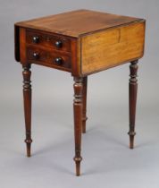 An early Victorian mahogany drop-leaf work table fitted two short drawers to one end, with mock