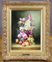 A Milwyn Holloway rectangular plaque, finely painted with a still life study of a vase of flowers &