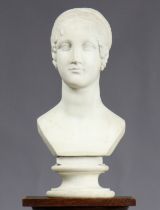 A 19th century marble bust of Laura after Antonio Canova, unsigned, on round socle, 53.5cm high.