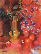 CLAIRE SPENCER (b. 1937) Still life of flowers and fruit, Signed, Pastel, 73cm x 54cm, framed &