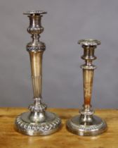 A Matthew Boulton large Sheffield plated candlestick with round tapered semi-fluted column on