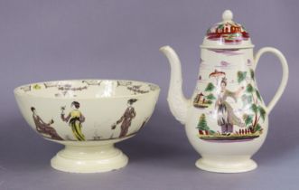 An 18th century English creamware bowl painted with chinoiserie & other female figures in a