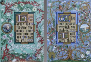 A pair of Victorian illuminated pages, each with central panel of biblical verse, one on a blue