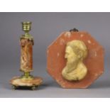 A 19th century French agate & gilt-metal mounted candlestick, & a carved alabaster relief of Plato