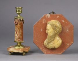 A 19th century French agate & gilt-metal mounted candlestick, & a carved alabaster relief of Plato