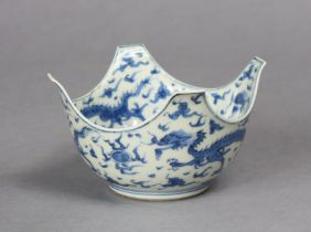 A Chinese blue & white porcelain shaped ‘dragon’ bowl with elongated corners to the rim, painted