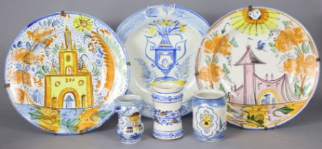 Three 20th century Italian majolica large dishes in the antique style, 34cm; and three ditto small