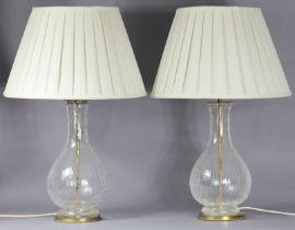 A pair of 20th century large textured glass & brass table lamps, each of baluster form with beaded