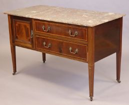 An Edwardian inlaid mahogany washstand with rectangular marble top, fitted two long drawers with