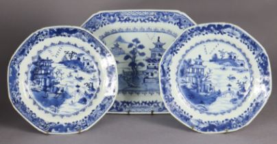 A pair of 18th century Chinese blue & white export porcelain octagonal plates, each painted with a