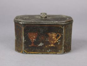 A George III lead tobacco box & cover with painted decoration, 16cm wide.