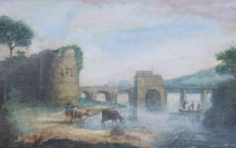 ENGLISH SCHOOL, 19th century. A river landscape with bridge, watermill & castle ruins,