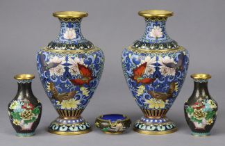 A pair of Chinese cloisonne baluster vases, all-over decorated with flowers & butterflies, 26cm