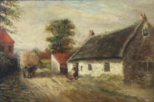 ENGLISH SCHOOL, 19th century. A farmstead with figures & haycart on the path. Oil on canvas: 30.